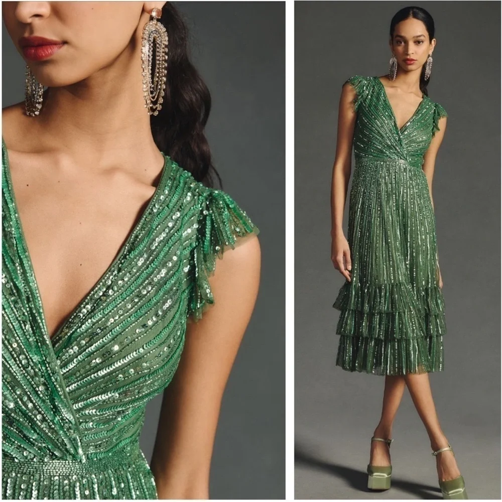 Mac Duggal Sequined Wrap Over Cap Sleeve Ruffle Hem Dress Sage Size 6 NEW - Picture 2 of 15